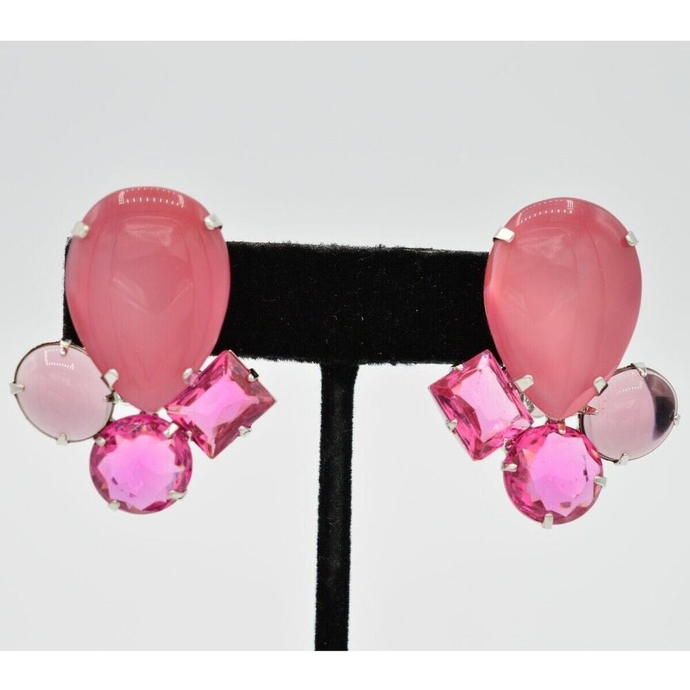 Vintage Crystal Cabochon Clip On Earrings Pink Purple Chunky Bezel 1980s Bin1